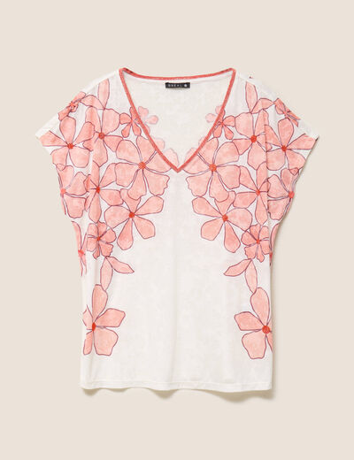 T-shirt col v manches courtes ecru femme