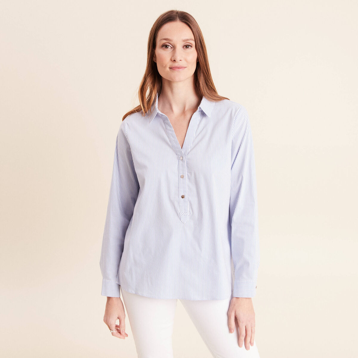 Blouse ample col chemise manches longues bleu femme