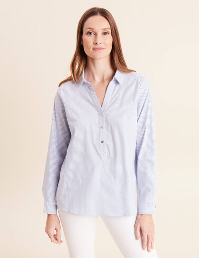 Blouse ample col chemise manches longues bleu femme