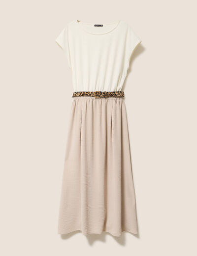 Robe longue évasée bi-matière ecru femme