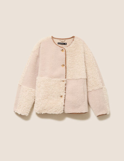 Manteau manches longues fausse fourrure ecru femme