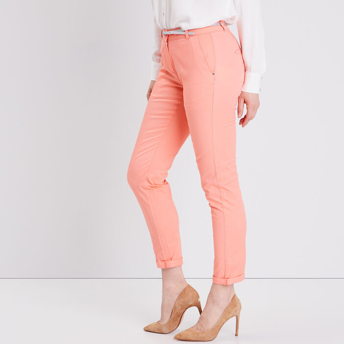 Pantalon chino droit orange corail femme