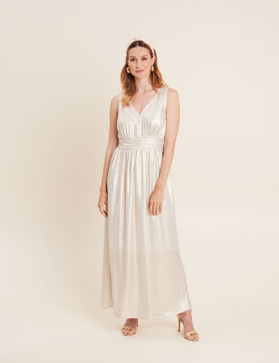 Robe longue évasée métallisée couleur or femme