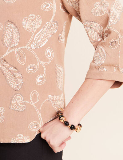 Blouse col tunisien manches 3/4 beige femme