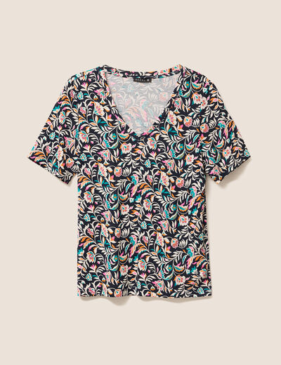T-shirt col V manches courtes bleu femme