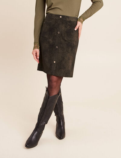 Jupe droite courte en similicuir vert kaki femme