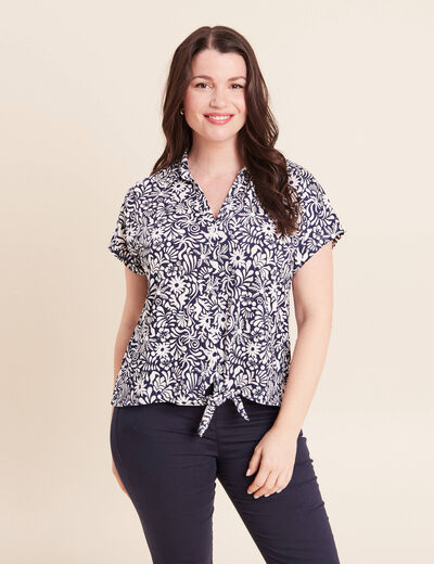 Blouse manches courtes nou&eacute;e bleu femme