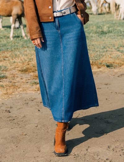 Jupe longue trapèze en jean denim stone femme