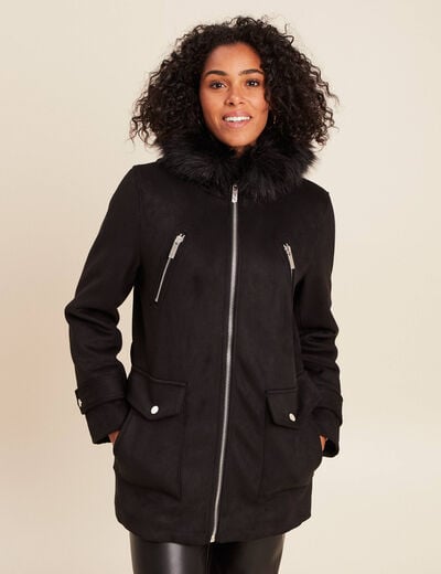 Manteau cintr&eacute; mi-long &agrave; capuche noir femme
