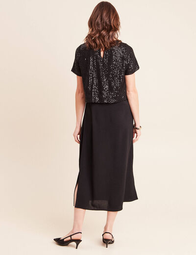 Robe longue &eacute;vas&eacute;e 2 en 1 col rond noir femme