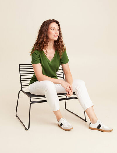 T-shirt manches courtes col en V vert foncé femme
