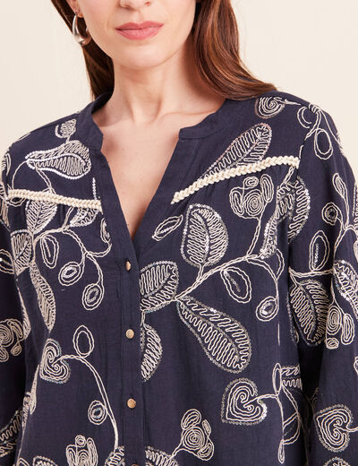 Blouse col tunisien manches 3/4 bleu femme