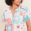 Blouse col tunisien manches courtes bleu femme