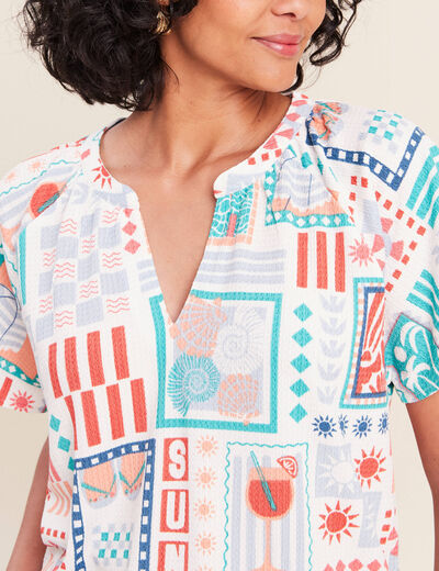 Blouse col tunisien manches courtes bleu femme