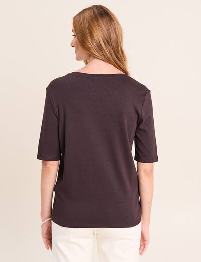 T-shirt ajust&eacute; col rond manches coudes marron fonc&eacute; femme