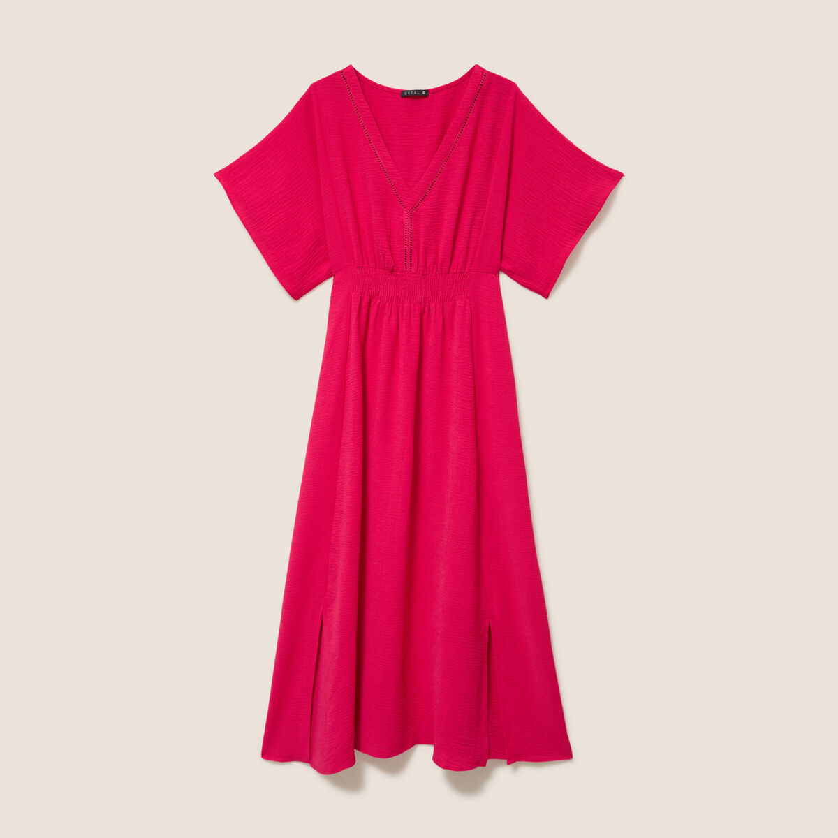 Robe longue &eacute;vas&eacute;e col v manches coudes rose fushia femme