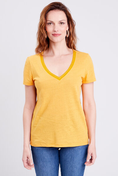 T-shirt manches courtes col en V jaune moutarde femme