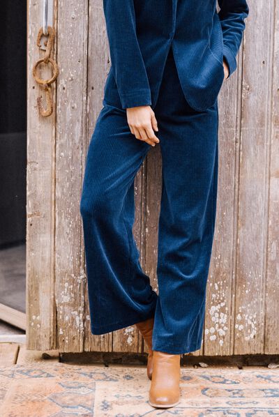 Pantalon large velours bleu marine femme