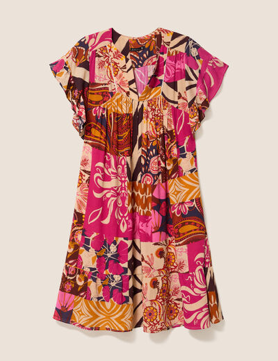 Robe courte évasée col tunisien rose femme