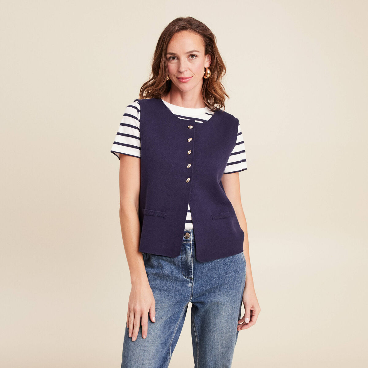 gilet droit court sans manches col rond bleu marine femme