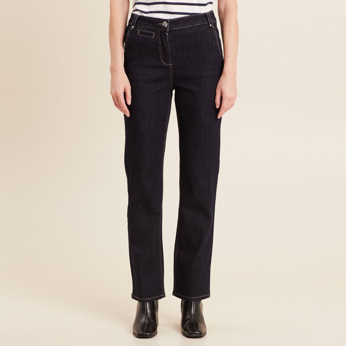 Jean droit taille haute long denim brut femme
