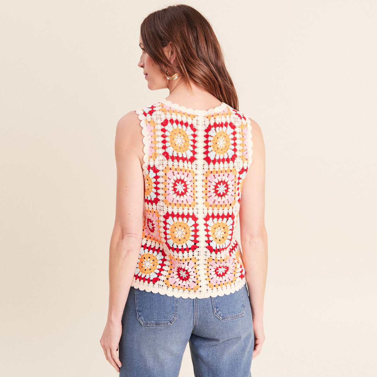 Gilet macram&eacute; col v sans manches ecru femme