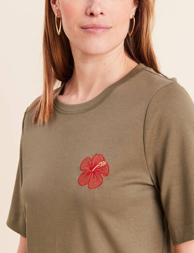 T-shirt col rond manches courtes vert kaki femme
