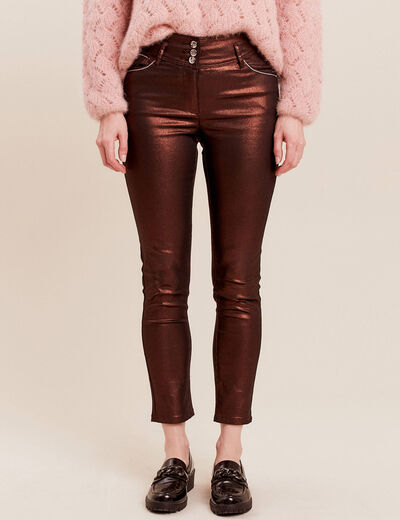 Pantalon ajusté aspect irisé marron foncé femme