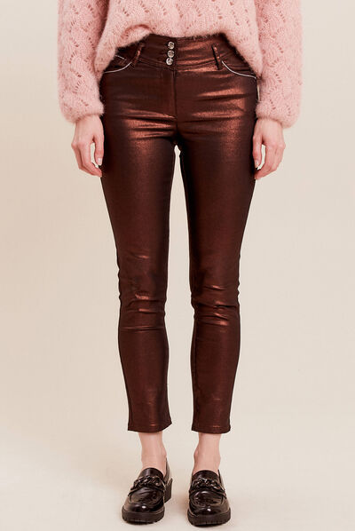 Pantalon ajusté aspect irisé marron foncé femme