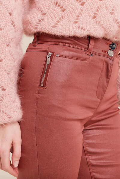 Pantalon ajusté enduit marron cognac femme