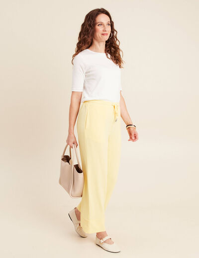 Pantalon large taille haute jaune pastel femme