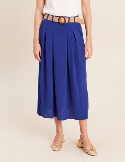 Jupe longue &eacute;vas&eacute;e ceintur&eacute;e bleu fonc&eacute; femme