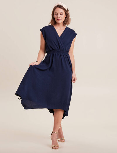 Robe évasée taille smockée bleu marine femme