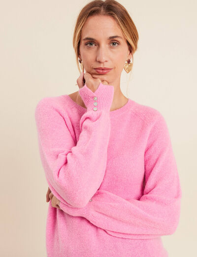 Pull col rond manches longues rose femme