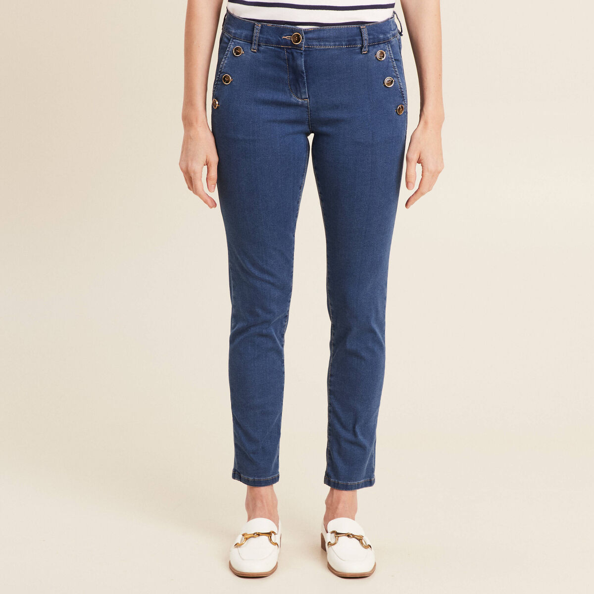Jean ajusté 7/8ème à pont denim double stone femme