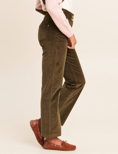 Pantalon taille haute en velours vert kaki femme