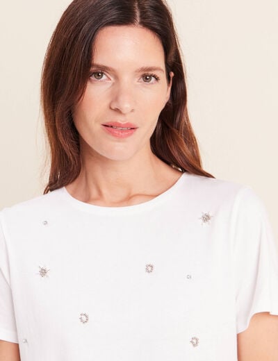 T-shirt d&eacute;tails bijout&eacute;s blanc femme