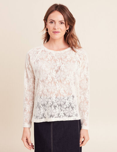 T-shirt manches longues aspect dentelle ecru femme