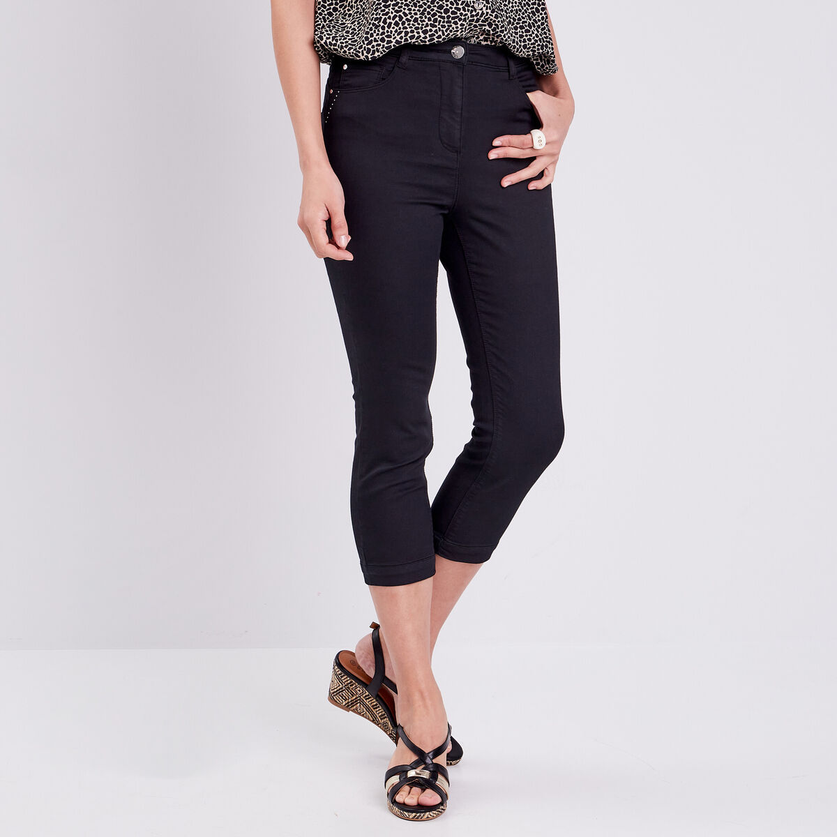 Pantacourt droit taille haute noir femme