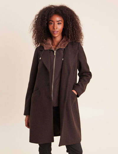 Manteau ajust&eacute; capuche amovible marron fonc&eacute; femme