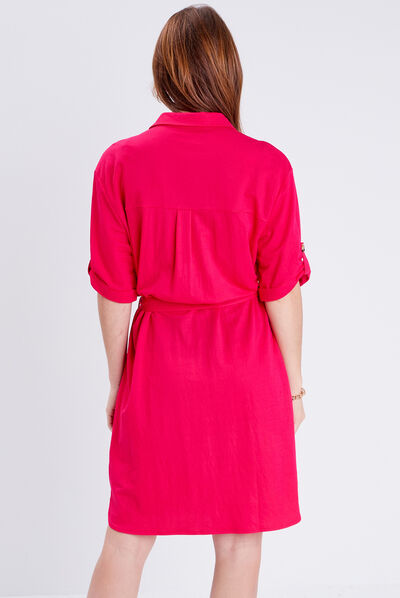 Robe boutonnée à manches courtes rose fushia femme
