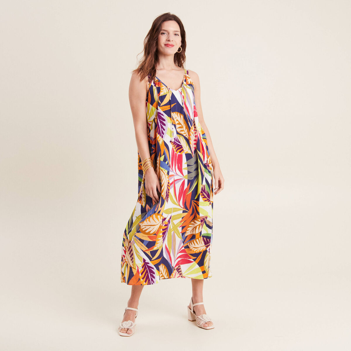Robe longue évasée fluide multicolore femme