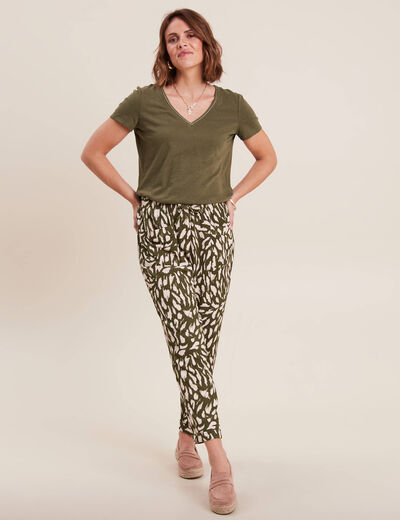 T-shirt manches courtes col en V vert olive femme