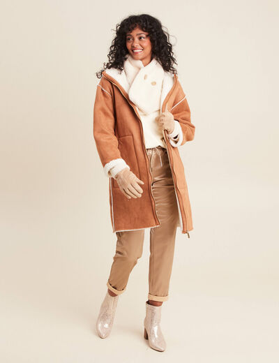 Manteau suédine à capuche marron femme
