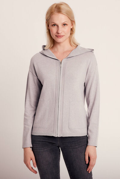 Gilet manches longues à capuche gris clair femme