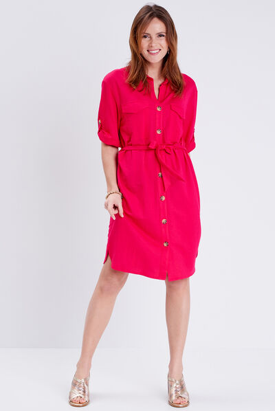 Robe boutonnée à manches courtes rose fushia femme