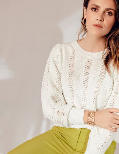 Pull manches longues col rond ecru femme