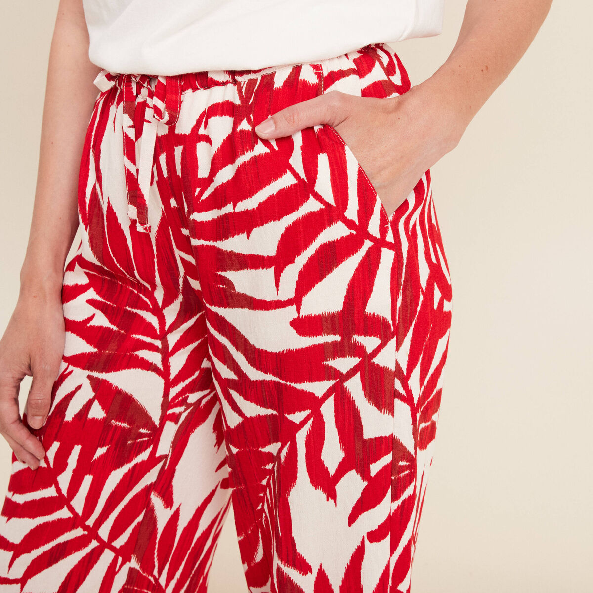 Pantalon large taille haute ecru femme