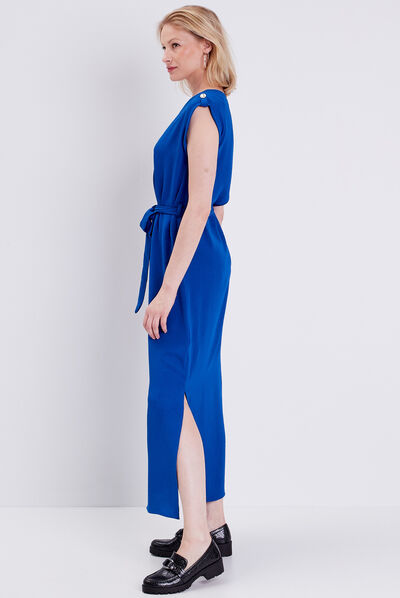 Robe longue droite ceinturée bleu electrique femme