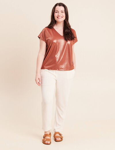 T-shirt col V manches courtes marron fonc&eacute; femme